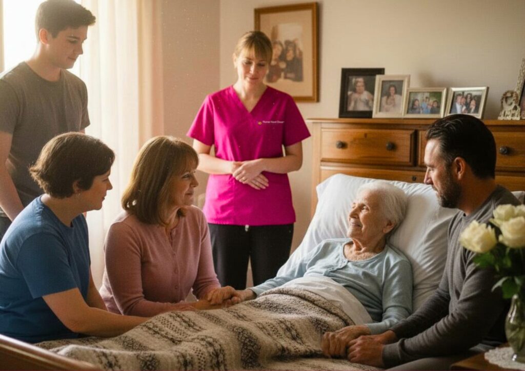 Support at Home End-of-Life Pathway 4 Elderly woman in bed surrounded by his family and being cared for by Nurse Next Door Nurse 1