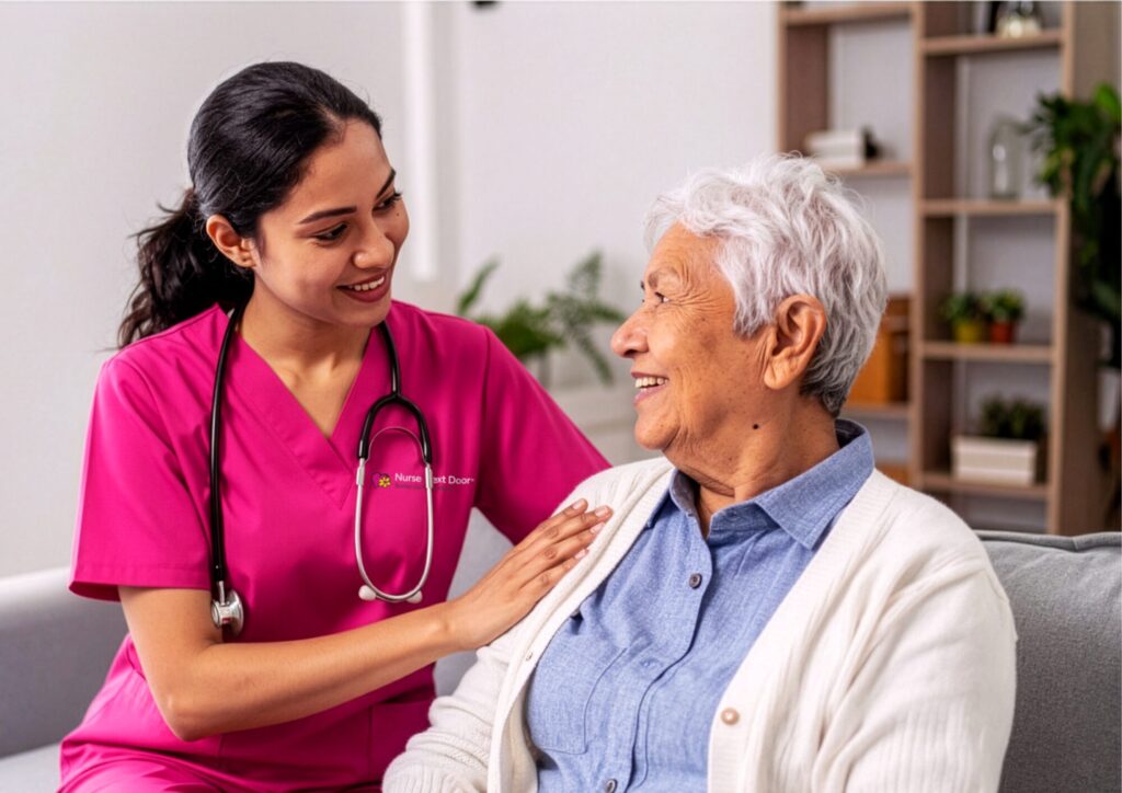 Support at Home Nursing Services 1 Nurse Next Door Nurse caring for an elderly woman
